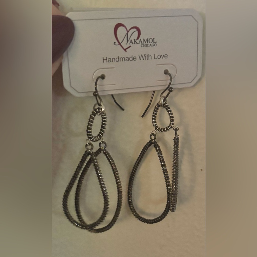NWT Nakamol Georgia Double Teardrop Dangle Earring Silver Boho Bohemian Casual